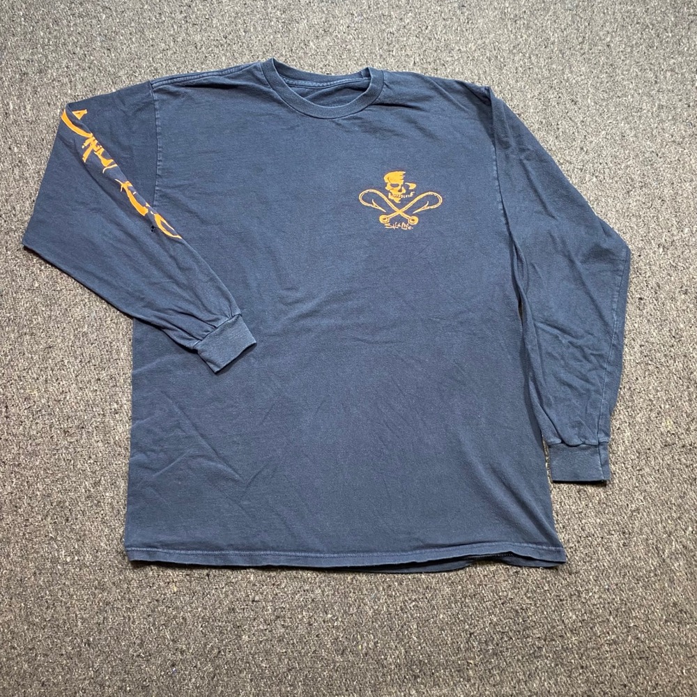 Salt Life TShirt Sz L Mens Blue Skater Skull Fishing Hook Long Sleeve Graphic